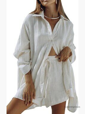 Long Sleeve Button Down Blouse and Shorts Sweatsuit Set